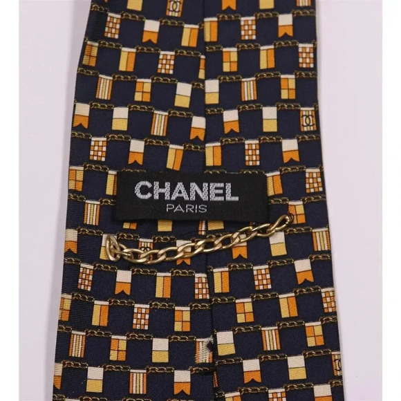 Chanel Paris Black/Gold Geometric Print Design Silk Necktie Tie - Picture 5 of 7